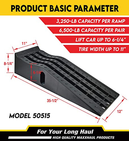 MaxxHaul 50515 6.25" Lift Car Ramps, 2-Pack – 6, 500lb GVW, Deep Grooved Surface for Stable Tire Placement, Heavy-Duty, Black