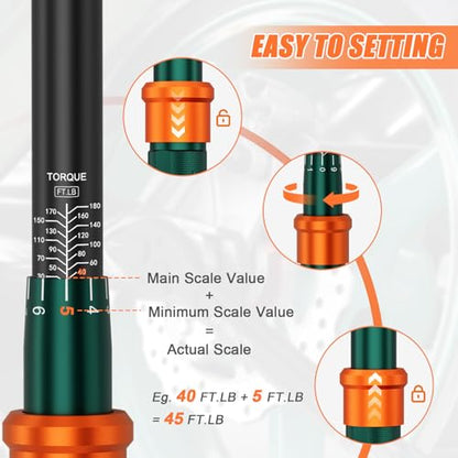1/2" Click Torque Wrench, 20-180 Ft-Lb, 72-Tooth, ±3% Accuracy | Dual Direction Reversible Ratchet Head, Quick Release, for Motorcycle, Car, Automotive Tire & Lug Nut Maintenance - size: 20-180 ft.lb（1/2-Inch）