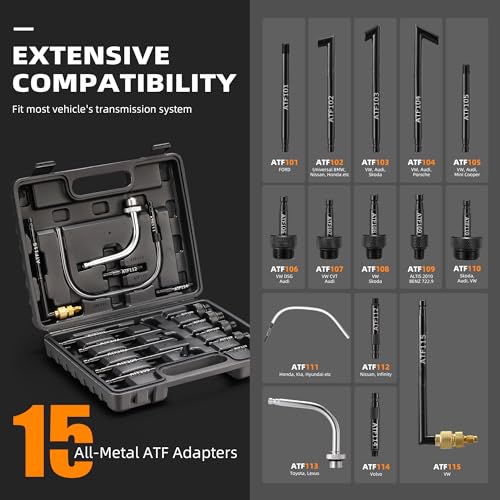 FOUR UNCLES Transmission Fluid Pump - Pneumatic Transmission Fluid Extractor and Dispenser with 15 Metal ATF Adapters and Pressure Gauge for Automotive Use, Transmission Fluid Transfer Pump Kit - size: 10L