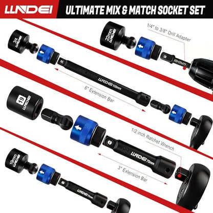 LLNDEI 29Pcs Swivel Socket Set, Quick Release Design, CR-MO 3/8 Swivel Sockets Metric(8-22mm)&Sae(5/16"-3/4"), Wobble Socket Set with Ratchet Wrench, Extension Bar and Adapters. - size: 29Pcs Quick-Release 3/8" Swivel Socket Set S&M
