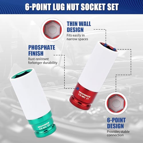 1/2" Drive Wheel Protector Impact Socket, 7pcs Thin Wall Deep Impact Socket Set, Durable Plastic Sleeve Lug Nut Socket, 6 Point, Metric, Color-Coded, 17mm, 19mm, 21mm, 22mm, 23mm, 24mm,27mm - size: 17 mm, 19 mm, 21 mm, 22 mm, 23 mm, 24 mm, 27 mm