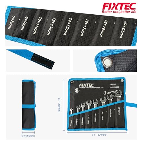 FIXTEC Wrench Set, 8-Piece Metric Double Open-End Spanner Set (6×7mm–20×22mm), CR-V Steel with Rolling Pouch for Automotive Repair, Mechanics and Tight Spaces