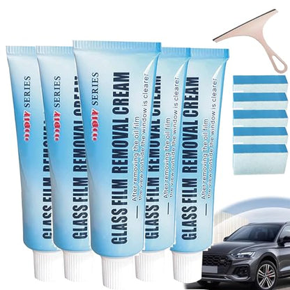 Car Glass Oil Film Cleaner, Glass Film Removal Cream, Car Windshield Oil Film Cleaner, Glass Stripper Water Spot Remover with Sponge and Towel (5 Set) - color: 5 Set