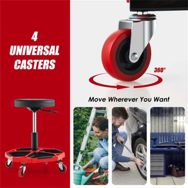 Heavy Duty Rolling Mechanic Stool, Adjustable Height Garage Shop Seat with Tool Tray Storage, 360° Swivel Caster Workshop Stool for Auto Repair, Professional Technician Rolling Work Seat