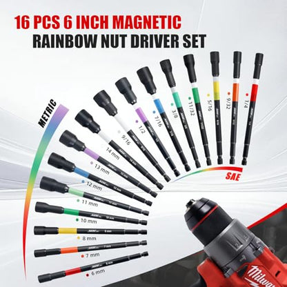 Nut Driver Set, Color-Coded Magnetic Nut Driver Set, 6 Inch, 1/4" Hex Shank, SAE & Metric, Extra Long - size: 16 PCS Magnetic Nut Driver Set
