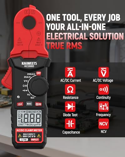 KAIWEETS Digital Clamp Meter with Round Jaw, Automotive Multimeter, NCV, 2000 Counts, Amp Voltmeter, Accuratly Measure AC/DC Current & Volatge, Resistance, Diode, Capacitance, Continuity, Frequency - color: Red