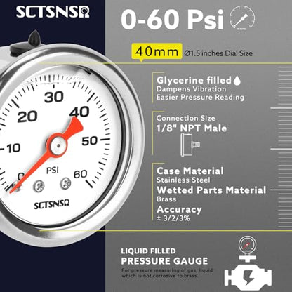 0-60 Psi Fuel Pressure Gauge, 1.5" Dial Size, 1/8" NPT Back Mount, Stainless Steel Case, Glycerin Liquid Filled, Inline Low Pressure Gauge, for Oil Water Air Pressure Test - size: 0-60 Psi, style: Back Mount
