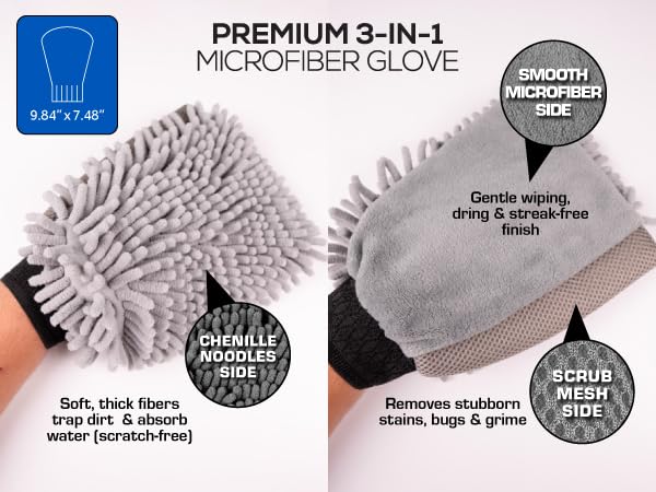 Premium 3-in-1 Car Wash Mitt Scratch Free, Cleaning Mitt, Microfiber Wash Mitts for Car Washing, Drying, and Scrubbing (2-Pack)