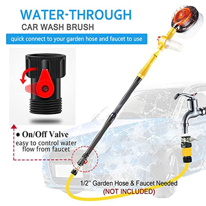 Rotating Car Wash Brush with Hose Attachment, Soft Chenille Microfiber Bristle Car Cleaning Brush Wash Mop Scrub Brush, Long Handle Car Washing Brush Kit with Soap Dispenser (Yellow)