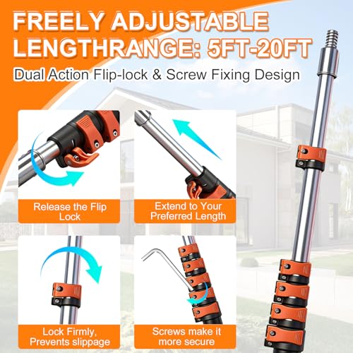 26FT Window Cleaning Kit, 2-in-1 Squeegee with 5-20FT Telescoping Pole & Flip-Lock & Screw Dual Locking, Professional Long Handle Washing Tool for High Windows - size: 5-20FT