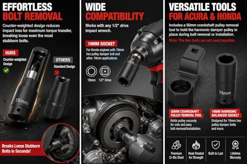 Moker 50mm Crankshaft Crank Pulley Wrench Holder for Honda and Acura Engines (with 19mm Harmonic Balancer Socket), 3 Times Momentum Power of Standard Impact Sockets, Counter-Weighted Socket Tools
