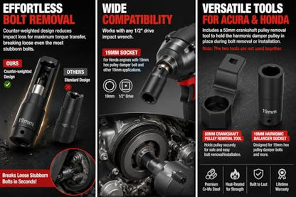 Moker 50mm Crankshaft Crank Pulley Wrench Holder for Honda and Acura Engines (with 19mm Harmonic Balancer Socket), 3 Times Momentum Power of Standard Impact Sockets, Counter-Weighted Socket Tools