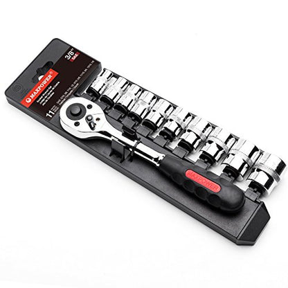 MAXPOWER 11-Piece 3/8" Ratcheting Socket Wrench Set Quick Release Reversible Ratchet Handle and Swappable Spanners Imperial Inch Sockets with Hanging Rack - color: Sae 3/8" Drive