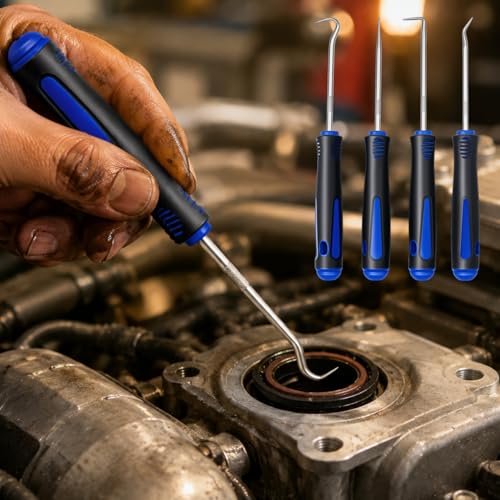 4-Piece Precision Hook and Pick Set - Automotive O-Ring Remover & Oil Seal Puller Tool Kit, Mechanic Hand Tools for Gaskets, Springs & Wires, 6.5 Inch Heat-Treated Shafts with Ergonomic Grip(Blue) - color: Blue