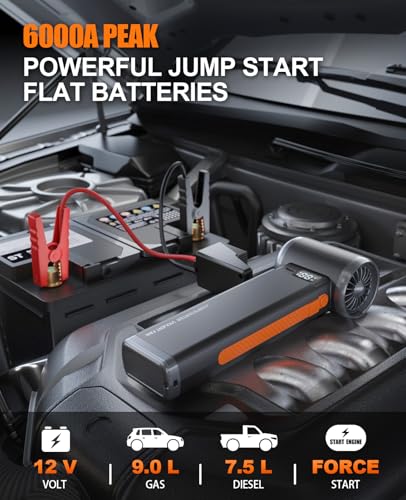 6000A Car Battery Jump Starter Portable Jumper Box Combo Compressed Air Duster & Vacuum Cleaner Function, 12V Battery Charger Booster Power Pack with Turbo Fan(Deep Gray) - color: Deep Gray