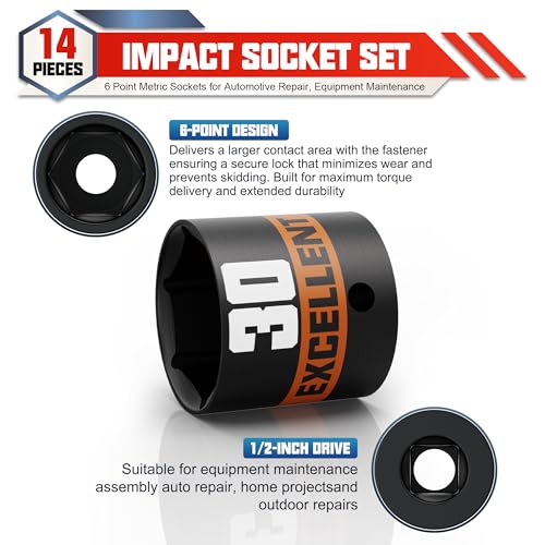 14 Pieces 1/2-Inch Drive Impact Socket Set, 11-32mm Shallow Socket, 6 Point Metric Sockets for Automotive Repair, Equipment Maintenance - size: 1/2 Inch Metric