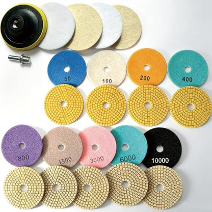 15 PCS Diamond polishing Pads Kit with Backer Pad, Quartz countertop Repair kit, 50-10000 Grit 4 inch Polisher Wheel Disc for Granite, Marble, Concrete, Stone, Glass, Ceramic Tile Polishing