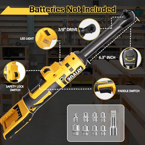 3/8" Cordless Ratchet Wrench Compatible with Dewalt 20V MAX Batteries(No Battery) 6.3-inch Extended Power Electric Ratchet Wrench With Led&Tool Bag,9 Sockets,Adapters & 3 Inch Extension Bar