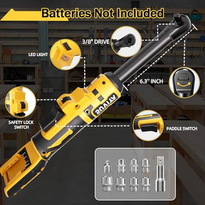 3/8" Cordless Ratchet Wrench Compatible with Dewalt 20V MAX Batteries(No Battery) 6.3-inch Extended Power Electric Ratchet Wrench With Led&Tool Bag,9 Sockets,Adapters & 3 Inch Extension Bar