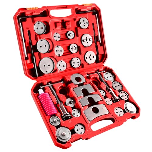 8MILELAKE 35pcs Disc Brake Caliper Tool Kit, Heavy Duty Disc Brake Piston Caliper Compressor Rewind Tool for Brake Pad Replacement, Fits Most American, European, Japanese Autos (Red) - color: Red