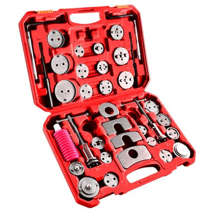 8MILELAKE 35pcs Disc Brake Caliper Tool Kit, Heavy Duty Disc Brake Piston Caliper Compressor Rewind Tool for Brake Pad Replacement, Fits Most American, European, Japanese Autos (Red) - color: Red