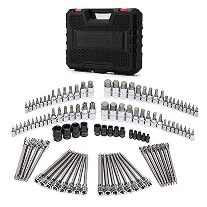 MIXPOWER 107 Piece 1/4 Inch, 3/8 Inch & 1/2 Inch Drive Bit Socket Set, Torx/Extra Long Torx/Tamper Proof/Hex/Ball End Hex, SAE & Metric Bit Set,S2 Steel Bits