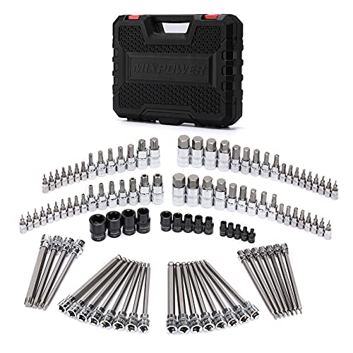 MIXPOWER 107 Piece 1/4 Inch, 3/8 Inch & 1/2 Inch Drive Bit Socket Set, Torx/Extra Long Torx/Tamper Proof/Hex/Ball End Hex, SAE & Metric Bit Set,S2 Steel Bits