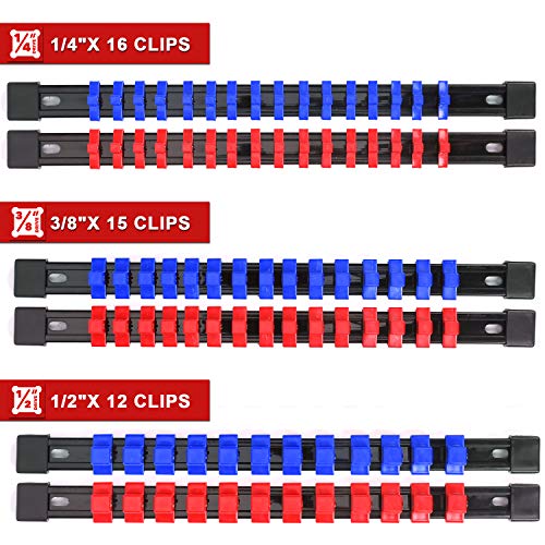 CASOMAN 6PC ABS Socket Organizer, 1/4-Inch, 3/8-Inch, 1/2-Inch, Premium Quality Socket Holders (6-Piece Set, Blue & Red) - size: 6PCS