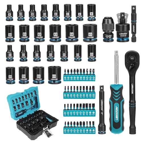 LIBRATON 71PCS 1/4 Impact Socket Set, Complete SAE & Metric Socket & Bit Set, Impact Ready Drive Socket Kit with 90-Tooth Ratchet & Spinner Handle for Drill & Impact Driver, Automotive Repair Tool Kit