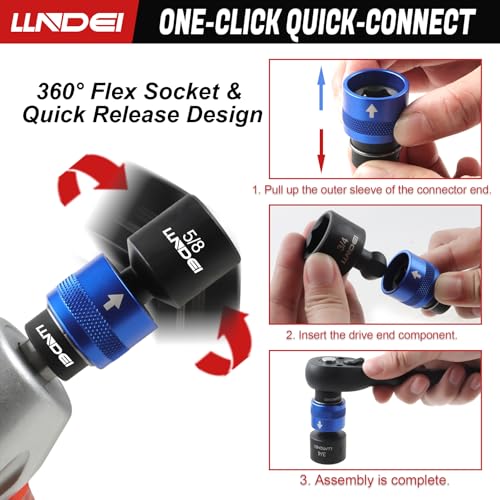LLNDEI 29Pcs Swivel Socket Set, Quick Release Design, CR-MO 3/8 Swivel Sockets Metric(8-22mm)&Sae(5/16"-3/4"), Wobble Socket Set with Ratchet Wrench, Extension Bar and Adapters. - size: 29Pcs Quick-Release 3/8" Swivel Socket Set S&M
