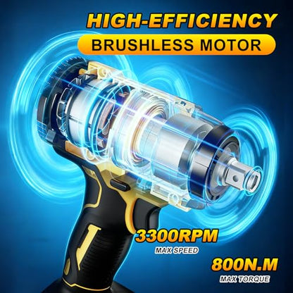 Cordless Impact Wrench 1/2 Inch, 350N.m(250 Ft-lbs) High Torque, Brushless Motor, 2x 4.0Ah Batteries & Fast Charger, 0-3300RPM, 7 Sockets & Bits Set, Electric Impact Gun for Automotive Repair & DIY