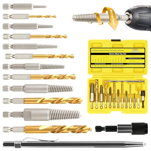 14-Pieces Screw Extractor and Left-Hand Drill Bit Set, Easy Out Broken Bolt Remover Reverse Cobalt HSS Steel Drill Kit, Ez Out Stripped, Rounded-Off, Damaged Bolts, Screws&Studs Removal Tool(Yellow)