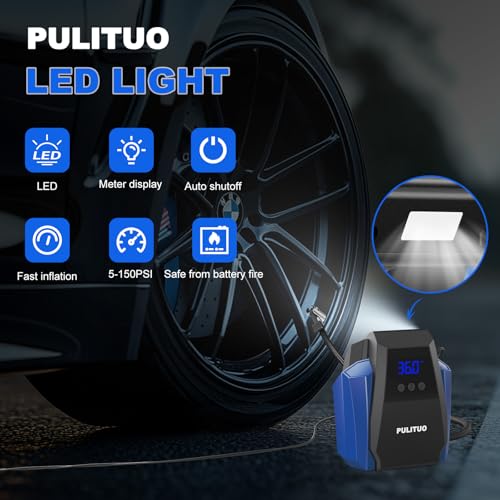 PULITUO 12V DC Tire Inflator - Portable Air Compressor 35L/min, 150 PSI Car Tire Pump with Auto Shut Off, Digital Pressure Gauge and LED Light, Blue