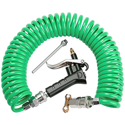 Heavy Duty Truck Air Duster Blow Gun Cleaning with 9 Meter Long Coil and 2 interchangeable nozzle tips- Green Air Seat Blow Gun Kit - color: Green