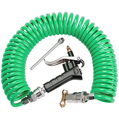 Heavy Duty Truck Air Duster Blow Gun Cleaning with 9 Meter Long Coil and 2 interchangeable nozzle tips- Green Air Seat Blow Gun Kit - color: Green