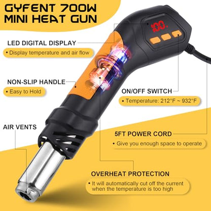 Heat Gun, 700W 212°F~932℉(100°C~500°C) Mini Soldering Heat Gun Hot Air Rework Station with LED Digital Display & 5Pcs Nozzles & 5Pcs Accessories for Crafting Shrink Tubing Electronics DIY(5FT)
