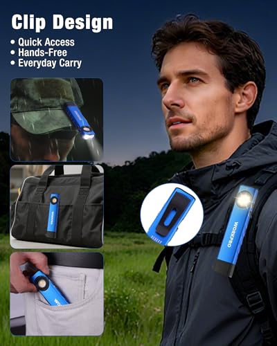 WORKPRO Rechargeable Work Light, 600 Lumens Flat Pocket Flashlight with UV Light, Magnetic Base & Clip, Slim LED EDC Flashlight for Garage, Camping, Home, and Emergencies - color: Blue