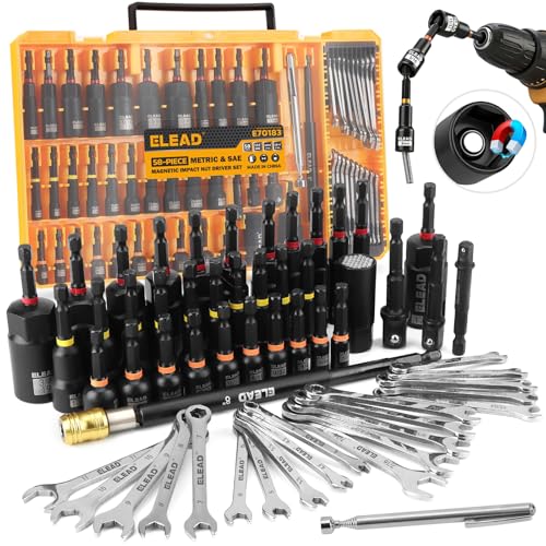 58-Piece Magnetic Impact Nut Driver Set, Metric & SAE Mini Combination Wrench Set, Impact Socket Adapter, 3LBS Magnetic Pickup Tool, Wing Nut Driver, Universal Socket, 1/4'' Quick-change Bit Extension - style: 58-Piece New Version