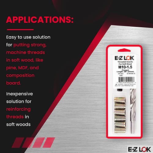 E-Z Hex Thread Repair Kit for Soft Wood Flanged Threaded Inserts M10-1.5 x 25mm, Drill, Installation Tool - size: M10-1.5 x 25mm, style: Flanged