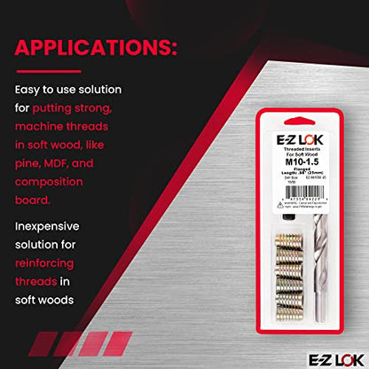 E-Z Hex Thread Repair Kit for Soft Wood Flanged Threaded Inserts M10-1.5 x 25mm, Drill, Installation Tool - size: M10-1.5 x 25mm, style: Flanged