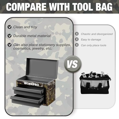 WORKPRO Metal Mini Tool Box with 2 Drawers and Top Storage | Cold Rolled Steel Toolbox, Ball Bearing Slides, PVC Drawer Liners, PP Feet Pads, Durable Storage - color: Green Camo