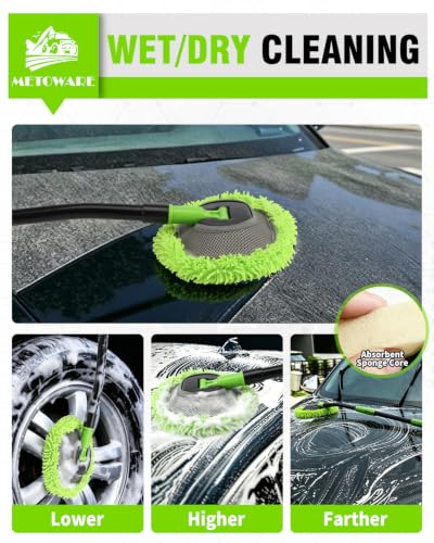 METOWARE 15° Curved Car Wash Mop, 47" Long 3-Section Sturdy Iron Pole | Scratch-Free Chenille Microfiber Soft Duster Mitt, Car Cleaning Supplies Kit for SUV, Truck, Boat, Window