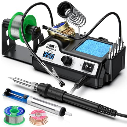 Preciva 927II Digital Soldering Station Kit, 130W MAX High Power with 5 Extra Iron Tips, 2 Helping Hands, Lead-Free Solder, Solder Sucker, Tip Storage Slots, Tip Cleaner, °C/°F Conversion, Auto Sleep - size: 927 IV