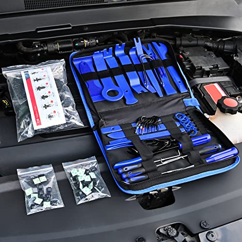 Nilight 200Pcs Trim Removal Tool, Auto Push Pin Bumper Retainer Clip Set Fastener Terminal Remover Adhesive Cable Clips Round Handle Crowbar Kit Car Panel Radio Auto Clip Pliers - color: 200 Clips+ Remover Tools Blue