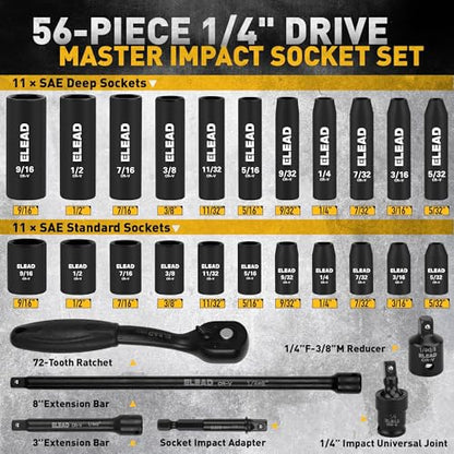 ELEAD 1/4" Drive Impact Socket Set, 56-Piece Standard SAE (5/32 to 9/16 inch) and Metric (4-15mm) Size, Deep & Shallow, 6 Point, Cr-V, 72-Tooth Ratchet Handle, Extension Bar, Universal Joint - style: 1/4'' Drive Impact Socket Set