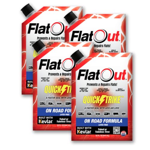 FlatOut QuickStrike Tire Sealant On-Road Formula - Prevent Flat Tires - Seal Leaks - Contains Kevlar - Tubeless Tire Sealant - Fast-Acting Formula - 32 Ounce Bag - Pack of 4 - size: 4 Pack - 32 Fl Oz