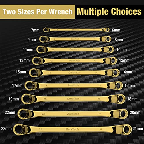 DURATECH Offset Box Wrench Set, Metric, 9-Piece, 6-23mm | 75-Degree, CR-V Steel, Titanium Plating, With Pouch - color: Titanium-plated