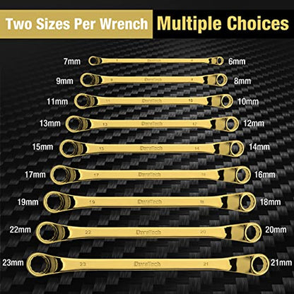 DURATECH Offset Box Wrench Set, Metric, 9-Piece, 6-23mm | 75-Degree, CR-V Steel, Titanium Plating, With Pouch - color: Titanium-plated