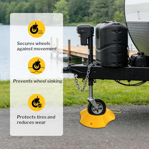 ROBLOCK Trailer Wheel Dock with Rope, Tongue Jack Wheel Chock Compatible with 6" & 8" Single/Dual Wheels, Trailer Wheel Stop Stabilizer for Camper Truck Boat Trailer, RV Parking Accessories, Yellow