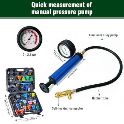 31PCS Coolant Pressure Tester Kit with 22 Radiator Adapters, Cooling System Leak Detector, Vacuum Pump, Vacuum Purge & Refill Tool, Water Tank Leak Test Detector Set for Car -Black